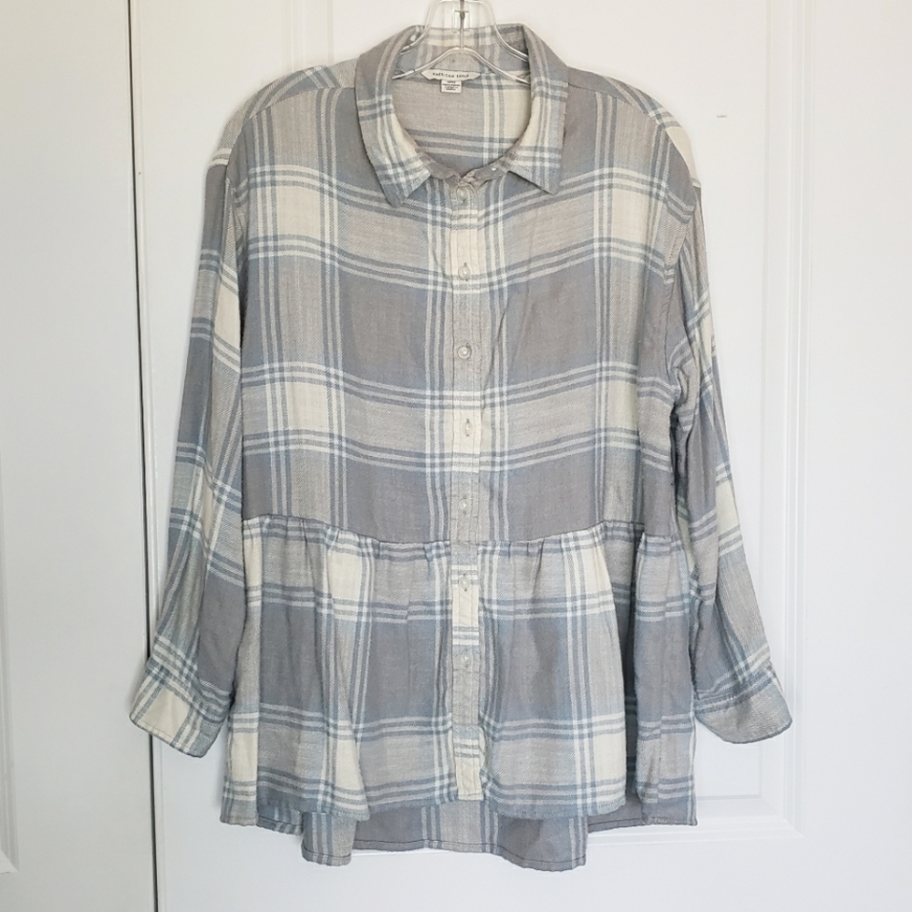 American Eagle Gray Blue Plaid Flannel Babydoll Peplum Shirt S